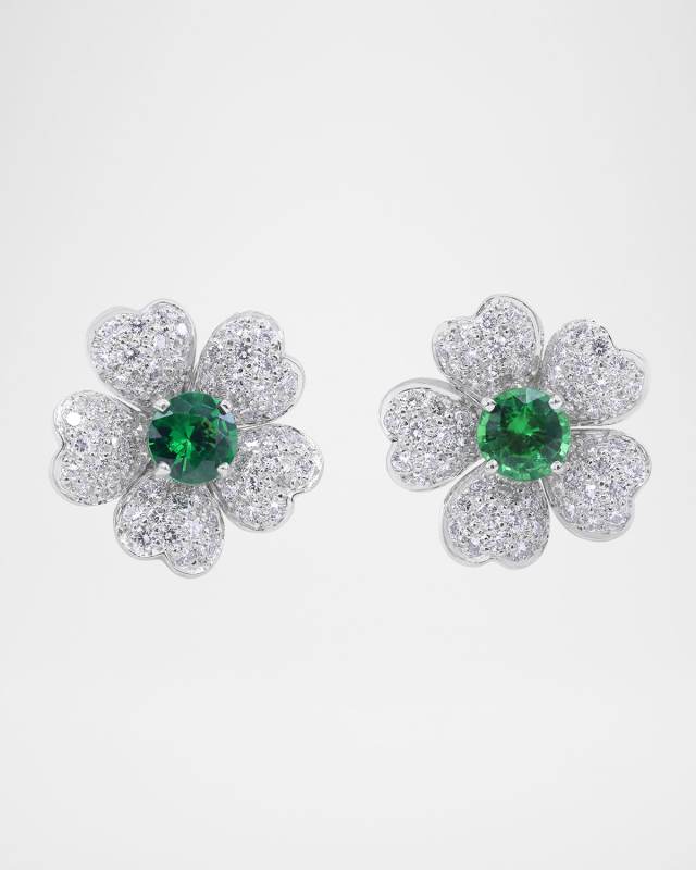 Platinum Flower Diamond and Tsavorite Stud Earrings